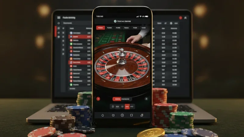 Online casino and sportsbook setup with live roulette on a phone, betting odds on a laptop, and chips on green felt.