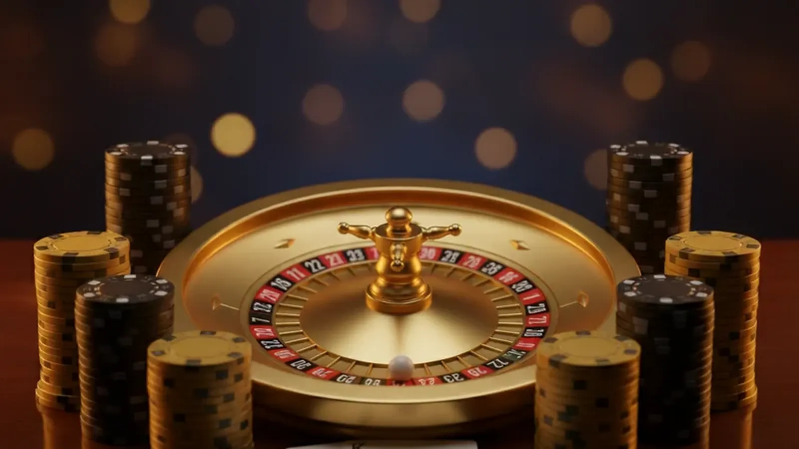 Golden roulette wheel with stacked poker chips and a king of spades card in a luxury online casino setting