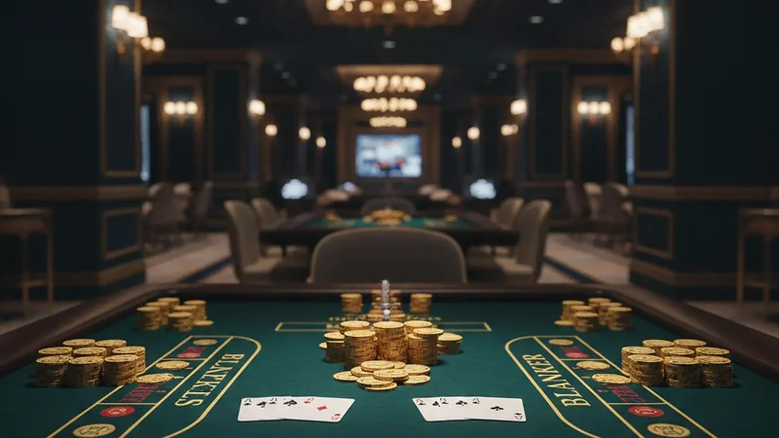 Luxury online casino live dealer baccarat table with dealt cards and stacks of gold chips on green felt