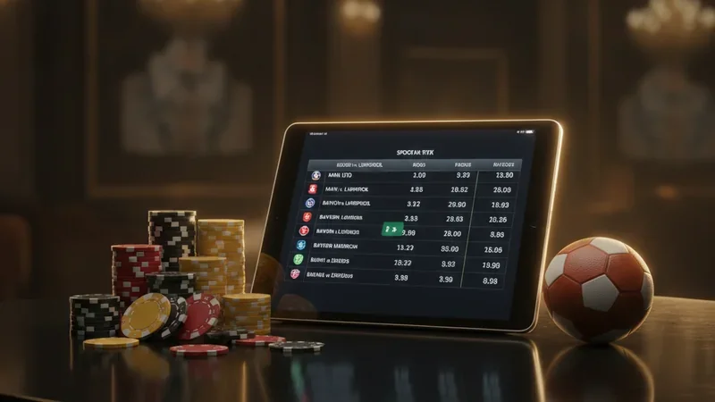 Online casino chips and sportsbook betting tablet showing live football odds on a luxury table.