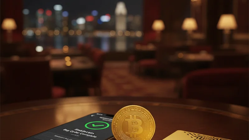 Phone showing a completed stablecoin buy order beside a gold coin for an online casino crypto deposit