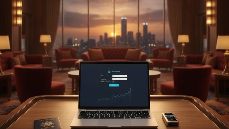 Crypto exchange sign-up on a laptop for online casino gaming with a hardware wallet and blurred Singapore skyline.