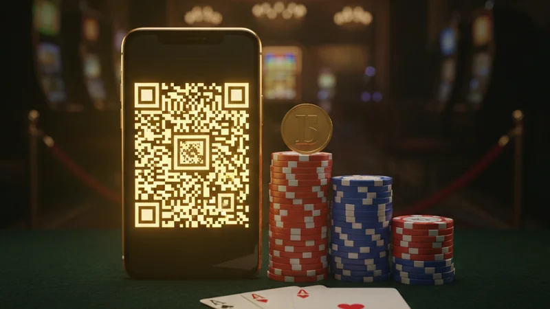 Online casino QR deposit code on a phone screen beside blackjack cards and stacked chips with a gold coin.