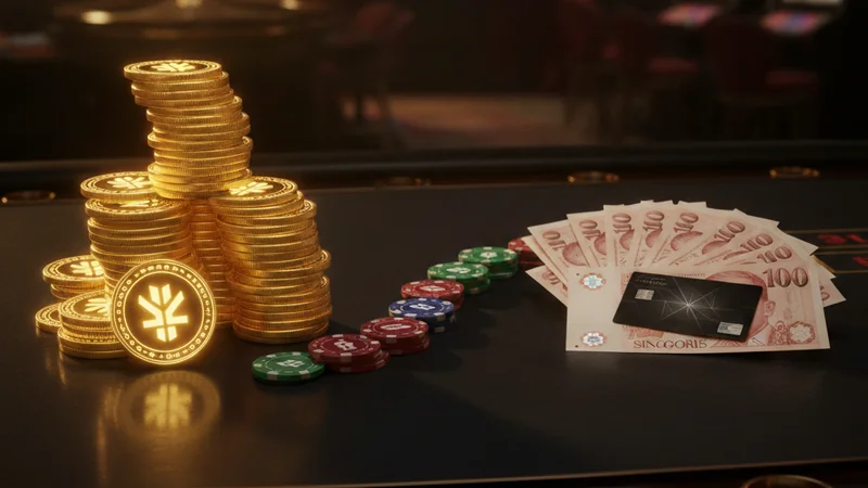 Gold crypto coins, casino chips, and Singapore dollar notes on a luxury online casino gaming table.