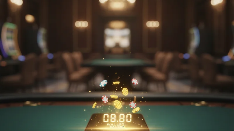 Smartphone on green felt displaying an online casino wallet balance with flowing chips and coins