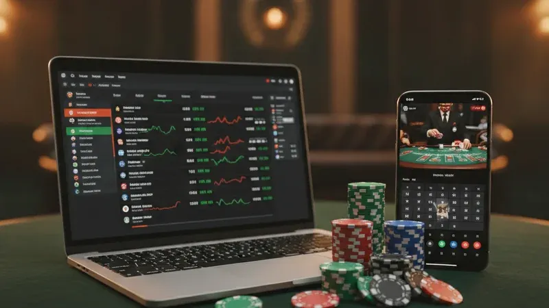 Laptop showing live football odds beside a phone streaming a baccarat table, with casino chips on green felt.