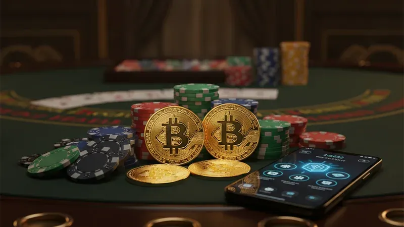 Gold bitcoin coins resting on stacks of casino chips beside a phone showing a crypto wallet, with a blackjack table behind.