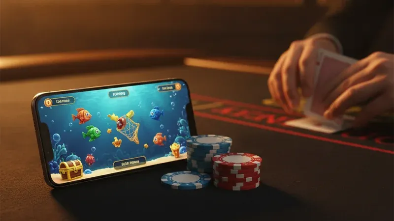 Phone propped on a casino table showing an underwater fishing game, beside poker chips and a dealer shuffling cards.