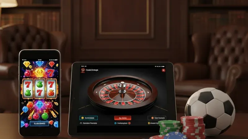 Phone with a slot game, tablet with a live roulette wheel, casino chips and a football on a dark wooden desk.